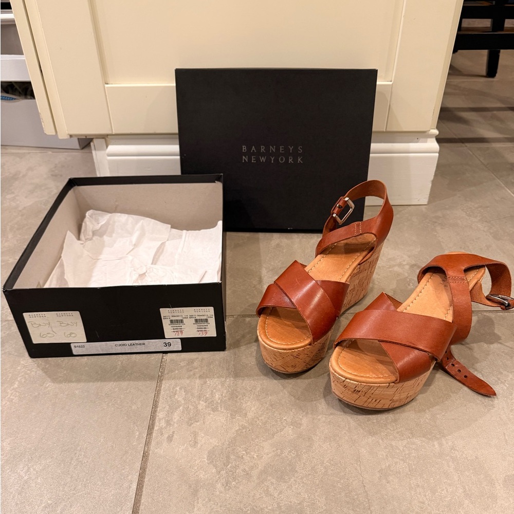 Barneys New York Brown Leather Cork-Wapped Platform Wedge Sandals